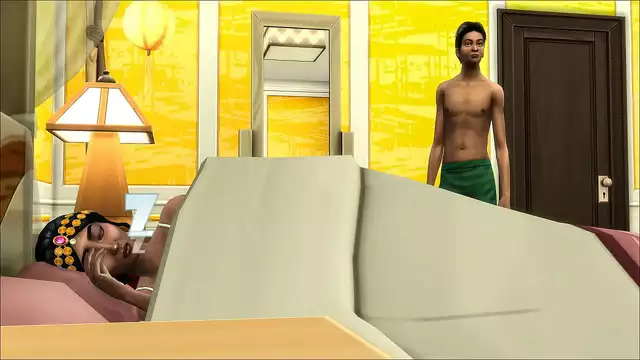 Indian step mom shares her bed with her son after he visited during the night because he had a nightmare and went to bed with her - desi mom and son