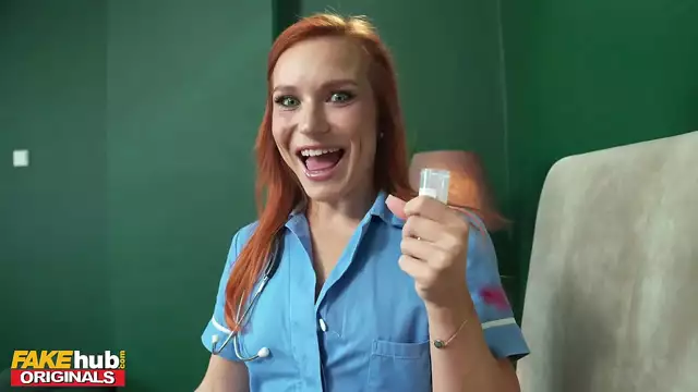 Explore the Perfect Little Pink Shaved Pussy of a Hot Redhead Nurse as She Collects a Sperm Sample